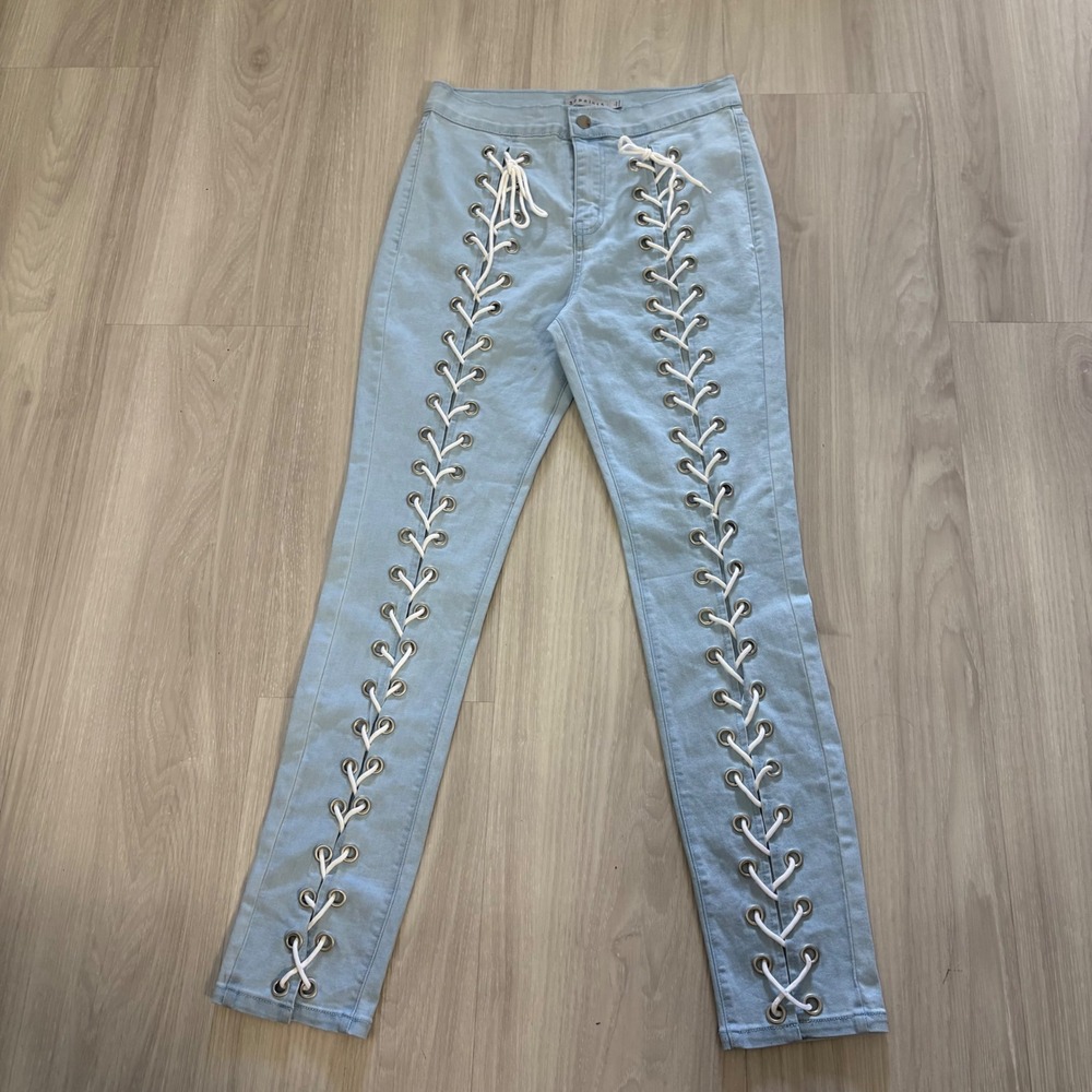 36 point 5 Jean Women Light Wash Lace Up Front Grommet Skinny Light Blue Size L
